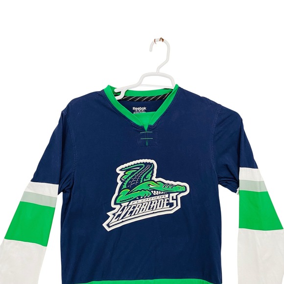 Reebok Florida Everblades ECHL Hockey Long Sleeve Shirt Navy Green White Small - Picture 2 of 7